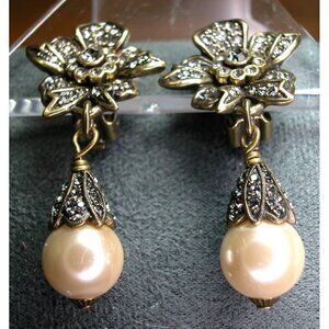 Heidi Daus Floral Earrings Faux Pearl & Crystal Gold-Tone Finish Vintage